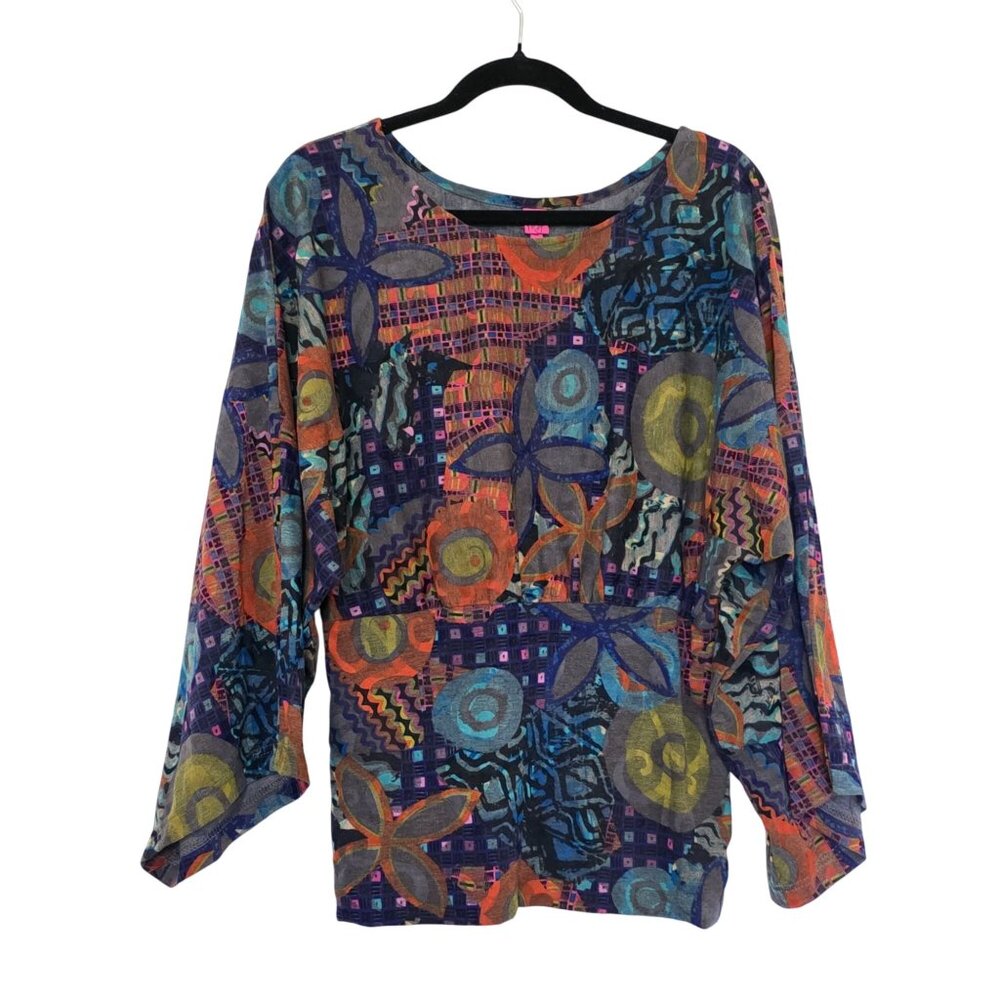 Womens Abstract Floral Top Medium Twee Art Wear Geometric Banded Waist Colorful